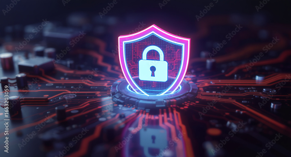 Poster digital firewall visualization: a brightly glowing shield, with a pink outline and a blue padlock ic