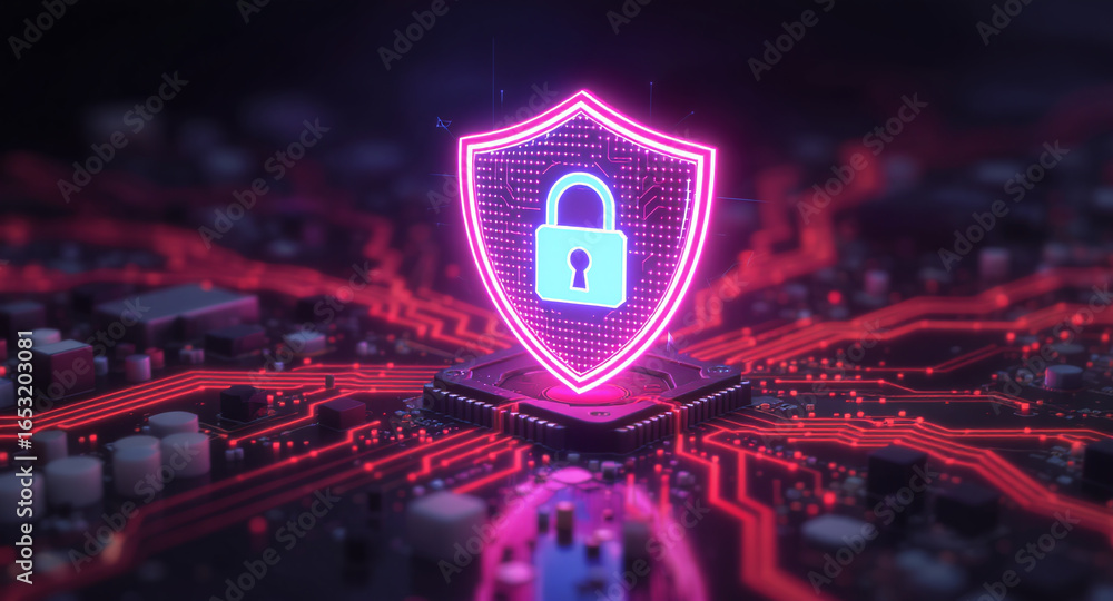 Poster digital firewall visualization: a brightly glowing shield, with a pink outline and a blue padlock ic