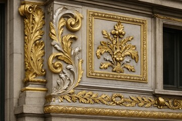 An exquisite display of classical architecture, featuring ornate gold leaf designs on a stone facade with decorative floral motifs and intricate scrollwork