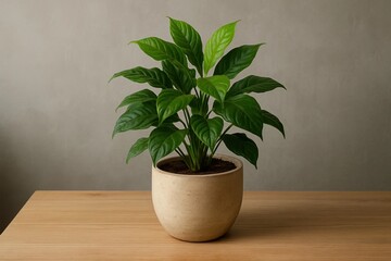 Fototapeta premium A lush green plant thrives in a simple yet elegant beige pot, set against a subtle gray wall, symbolizing peace and growth
