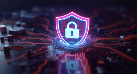 Digital firewall visualization: A brightly glowing shield, with a pink outline and a blue padlock icon inside, acts as a central hub on a complex motherboard. Glowing red data lines flow towards it. 