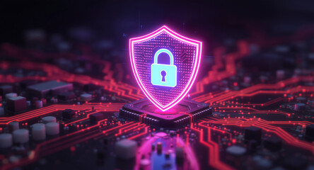 Digital firewall visualization: A brightly glowing shield, with a pink outline and a blue padlock icon inside, acts as a central hub on a complex motherboard. Glowing red data lines flow towards it. 