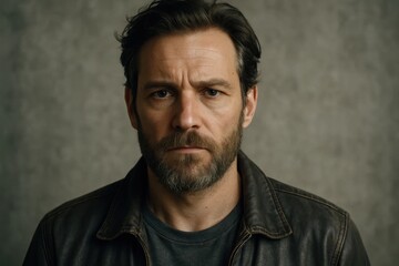 Fototapeta premium A man stands resolute against a textured backdrop, his gaze steady and unyielding