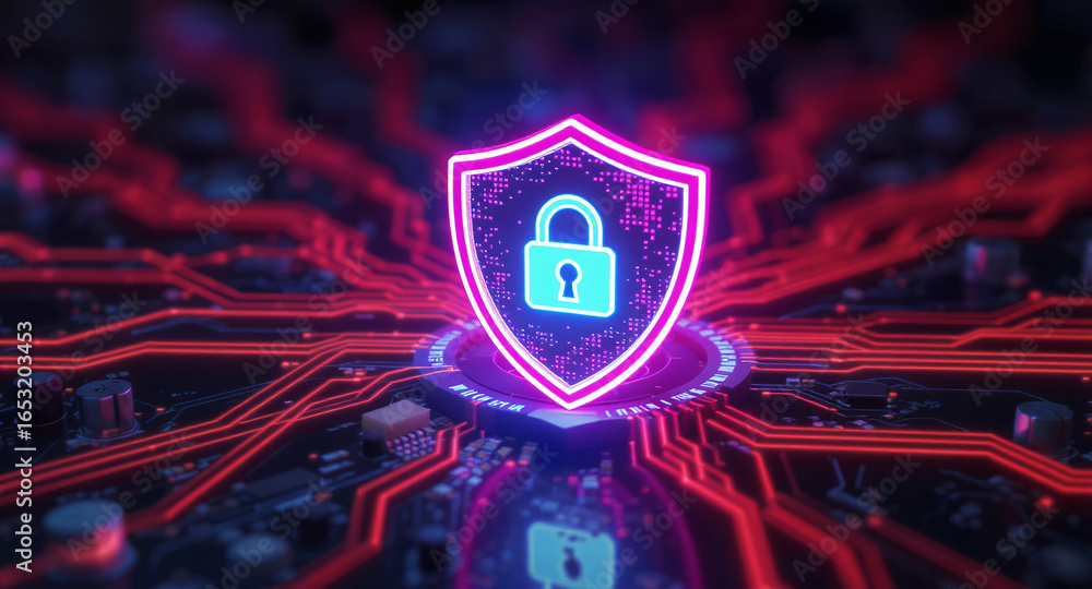Poster digital firewall visualization: a brightly glowing shield, with a pink outline and a blue padlock ic