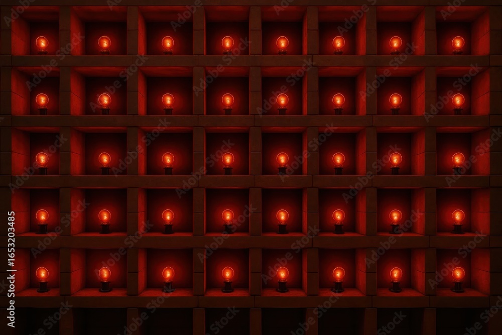 Poster an enchanting array of red glows in a dimly lit room, each light casting a warm ambiance over the da