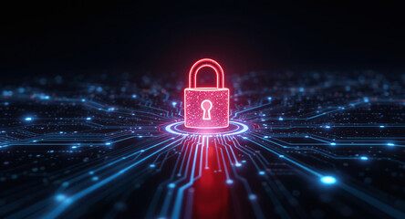 Data protection technology concept: A glowing red padlock serves as a focal point within a dynamic digital landscape of blue illuminated circuit pathways and nodes, representing secure network connect