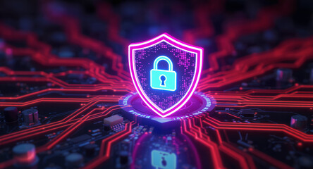 Digital firewall visualization: A brightly glowing shield, with a pink outline and a blue padlock icon inside, acts as a central hub on a complex motherboard. Glowing red data lines flow towards it. 