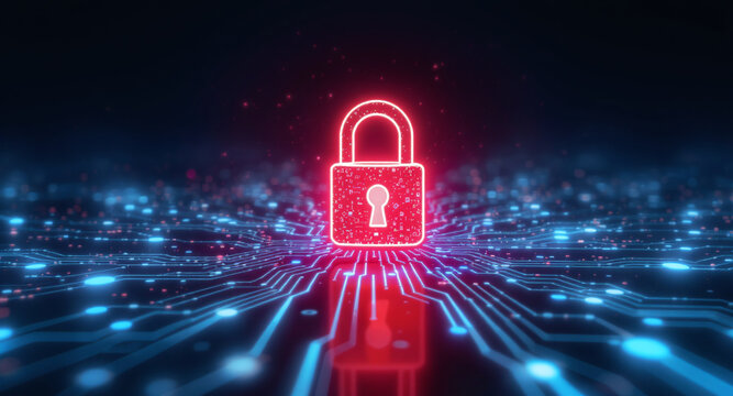 Data protection technology concept: A glowing red padlock serves as a focal point within a dynamic digital landscape of blue illuminated circuit pathways and nodes, representing secure network connect