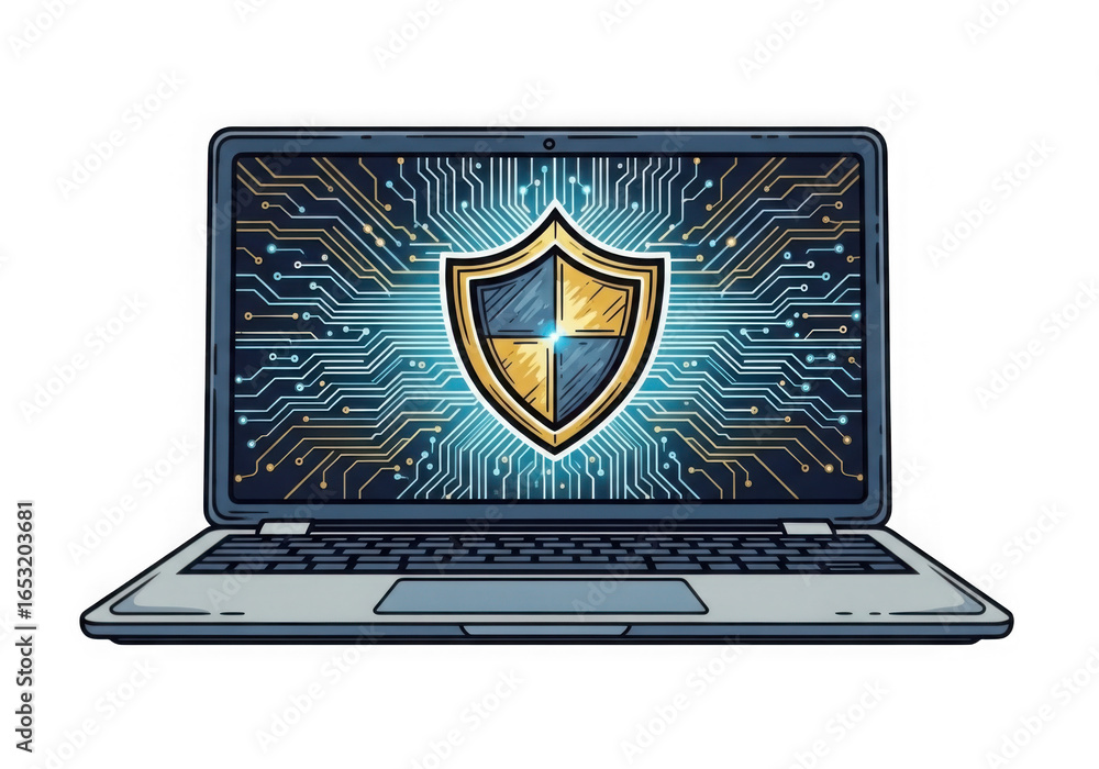 Poster digital shield security symbol displayed on laptop screen with circuit board pattern isolated on tra