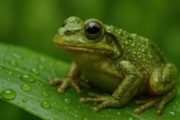 Fototapeta premium Amidst the verdant embrace of nature, a solitary green frog sits poised on a dew-kissed leaf, its eyes reflecting the dappled light that filters through the lush greenery
