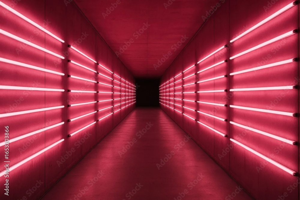 Poster a vibrant red corridor illuminated by a series of evenly spaced neon lights, creating an atmospheric