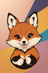 Obraz premium Cute cartoon fox with big eyes and paws, against a colorful abstract background.
