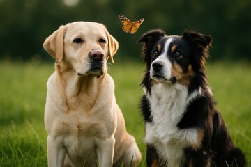 Two canine companions share a moment of serene connection in nature's embrace