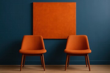 Two vibrant orange armchairs stand against a dark blue wall, framed by an abstract red square, creating a striking contrast in color and form