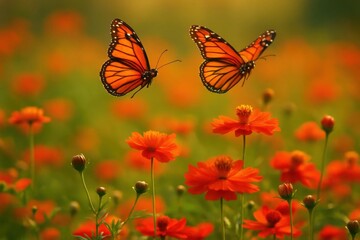 Fototapeta premium Majestic Monarchs Dance Amongst a Field of Orange Blooms