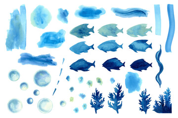 Set of blue fish, seaweed silhouettes, air bubbles, blue spots, shades background. Watercolor template for sea designs, children, educational material, decor, patterns, wrapping paper, stationery