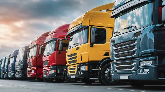 A row of colorful trucks parked in a lot, showcasing different models and a modern fleet for freight transportation.