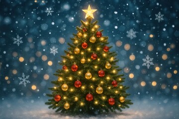 Obraz premium Amidst a winter wonderland, a radiant Christmas tree shines with golden ornaments under a snowy sky dotted with gentle snowflakes