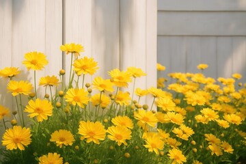 A vibrant cascade of yellow daisies blooms against a pristine white fence, creating a picturesque scene that speaks of nature's simple beauty