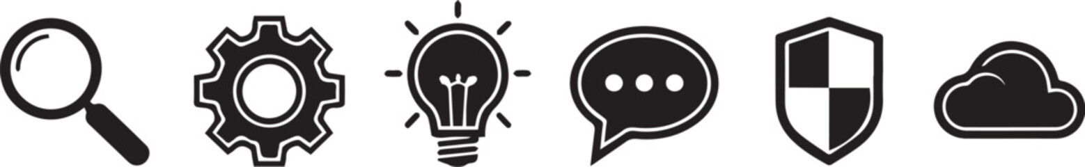 Fototapeta premium Six grayscale icons depicting search, settings, idea, communication, security, and cloud computing against a white background.