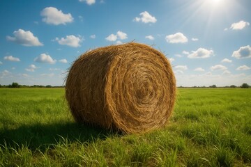 A solitary hay bale stands in the heart of a verdant field under the vast expanse of a clear blue sky, symbolizing tranquility and abundance