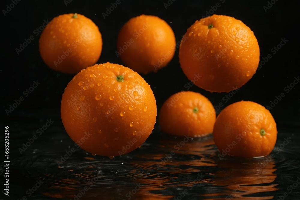 Poster an array of vibrant oranges with water droplets floating around them on a reflective surface