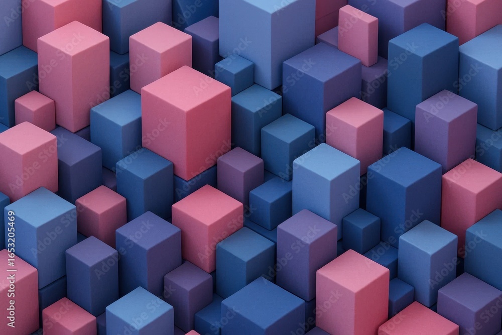 Poster a vibrant mosaic of cubes in shades of pink and blue, creating a dynamic and colorful pattern