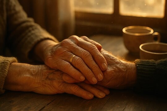 A pair of hands resting gently on a rustic wooden table, accompanied by two steaming mugs, symbolizing warmth and companionship