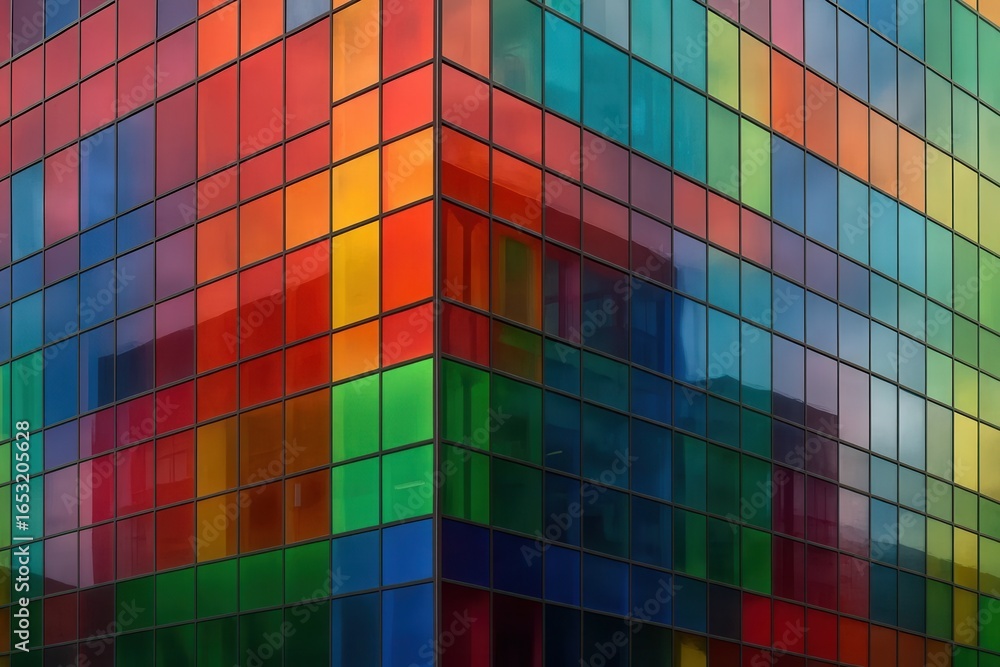 Poster a vibrant mosaic of colorful squares against a dark background, creating an abstract geometric patte