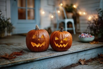 Fototapeta premium Spooky Halloween Jack-o'-lanterns glowing warmly on a porch, capturing the essence of the holiday