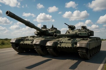 Two powerful tanks marching down a clear road under a vast blue sky