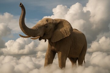 Obraz premium A majestic elephant soars through a cloudy sky, embodying strength and freedom
