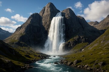 A Majestic Waterfall Cascading Through a Mountainous Landscape Under a Partly Cloudy Sky