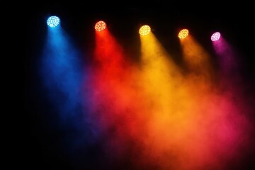 A vibrant array of stage lights in red, blue, yellow, orange, and pink hues casts a warm glow on a dark backdrop, symbolizing the energy and excitement of live performances