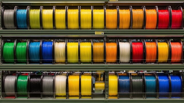 Colorful spools of thread in a shelf. Rows of rainbow colored material ready to be used in arts, crafts, or manufacturing. Storage solution. - Powered by Adobe