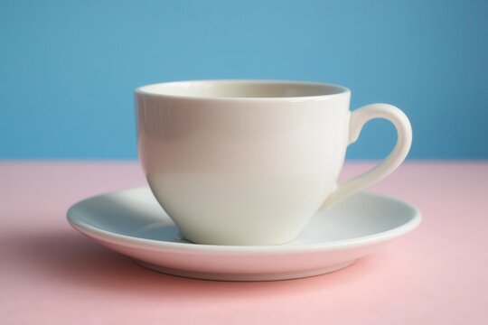 A pristine white teacup rests on a matching saucer against a calming blue backdrop, inviting contemplation and relaxation