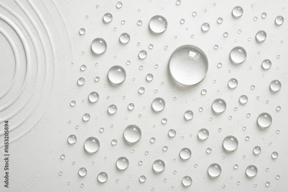Poster a serene array of water droplets on a pristine white background, creating an abstract pattern that e