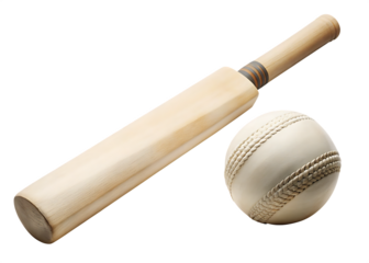 Wooden cricket bat white ball isolated on a transparent background