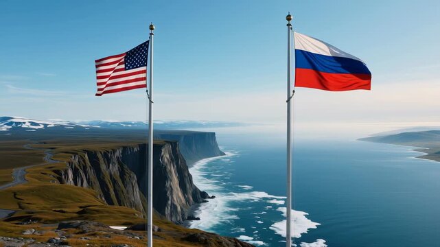 Epic landscape wide: two tall flagpoles with the American and Russian flags facing each other across the Bering Strait