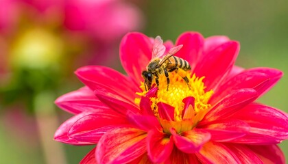 A honeybee gathers pollen from a vibrant pink dahlia flower