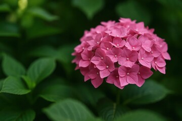 Obraz premium A delicate pink hydrangea stands out against a verdant backdrop, its vibrant hue capturing the essence of nature's beauty