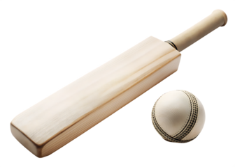 Wooden cricket bat white ball isolated on a transparent background