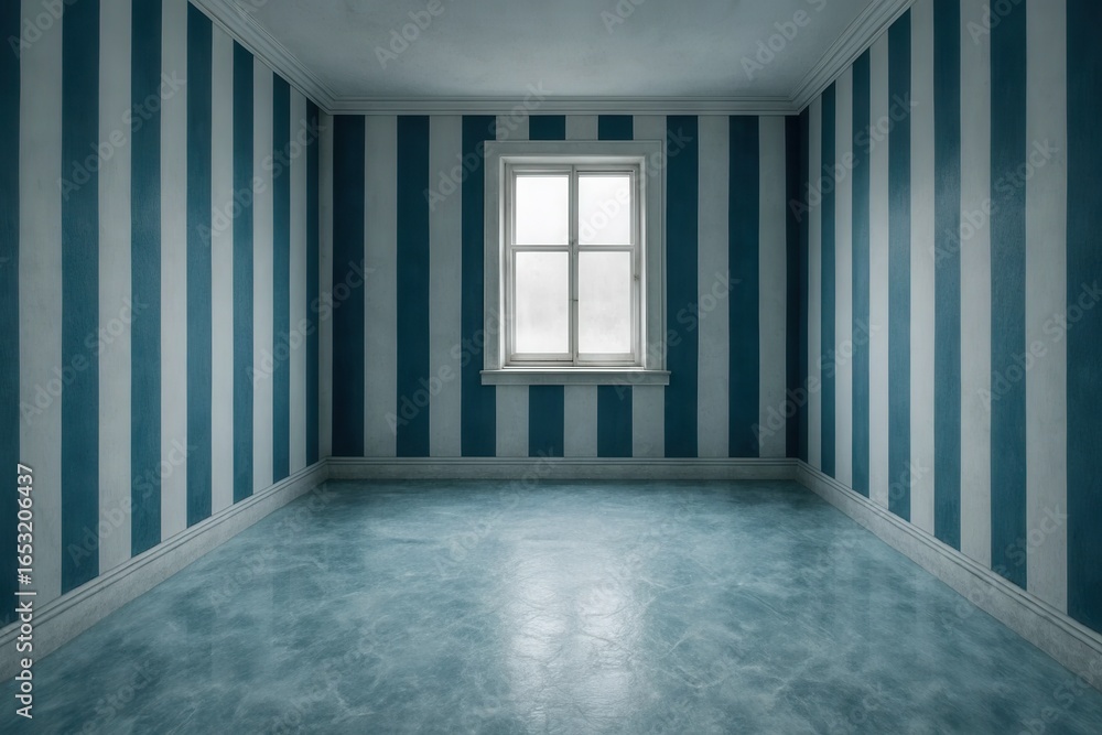Poster an empty room with blue striped walls and white floor tiles, featuring a single window that lets in 