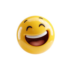 Fototapeta premium A bright yellow smiley face emoji with closed eyes and a wide open mouth laughing heartily isolated on transparent background