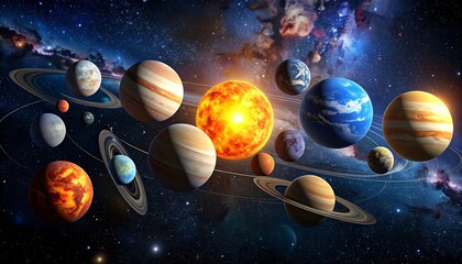 Planets orbiting a fiery sun in deep space