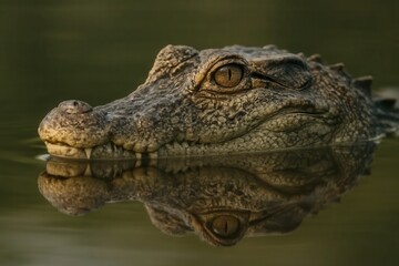 A serene moment captured as a crocodile gazes calmly into the tranquil waters of its natural habitat