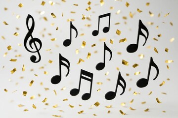 Black music notes float amidst a sea of gold confetti, symbolizing joyous occasions and melodious moments