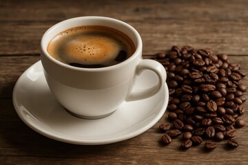 Fototapeta premium An inviting cup of coffee accompanied by a heap of freshly ground beans on a rustic wooden table