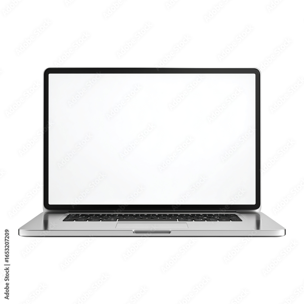 Poster modern silver laptop with a blank white screen open and ready for use isolated on transparent backgr