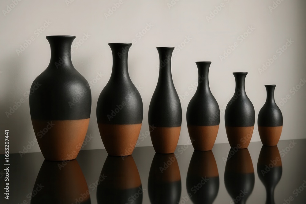 Poster an array of black vases with brown accents, each unique in size, standing on a reflective surface ag